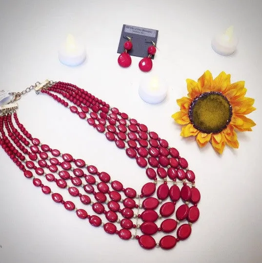 ADO | 5 Layer Red & Gold Beaded Necklace
