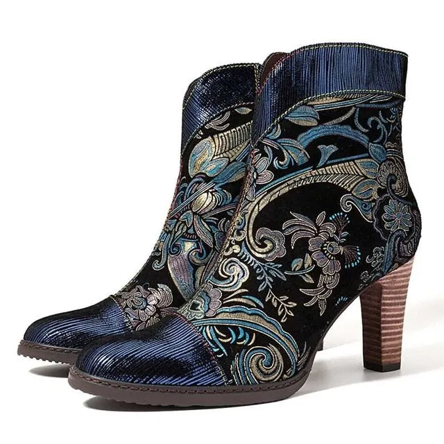 Retro Printed Sheep Women Boots Leather Boots Women Shoes Woman Vintage Block High Heels 8cm Ankle BootsZapatos De Mujer