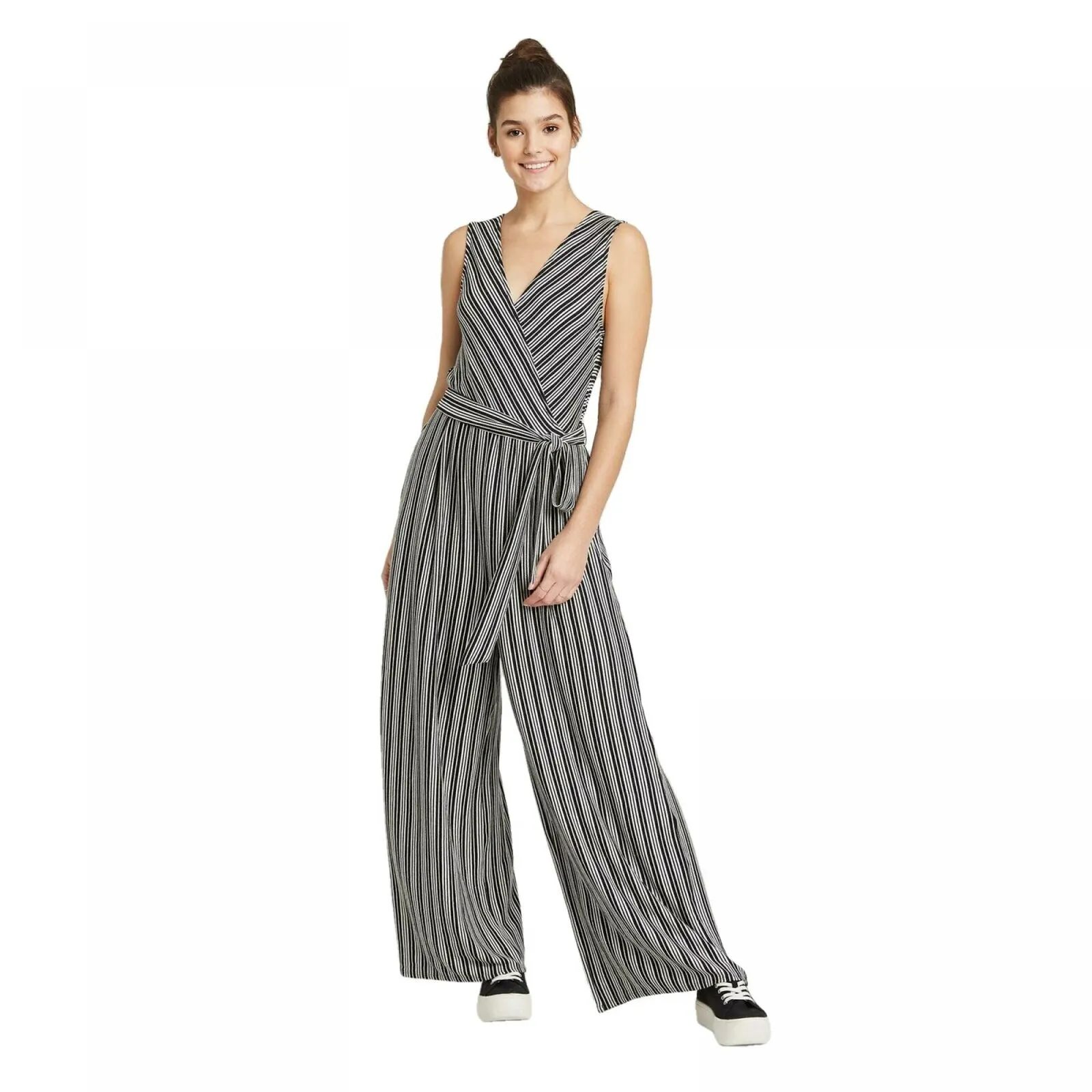 Xhilaration Women's Striped Sleeveless V-Neck Wrap Knit Jumpsuit